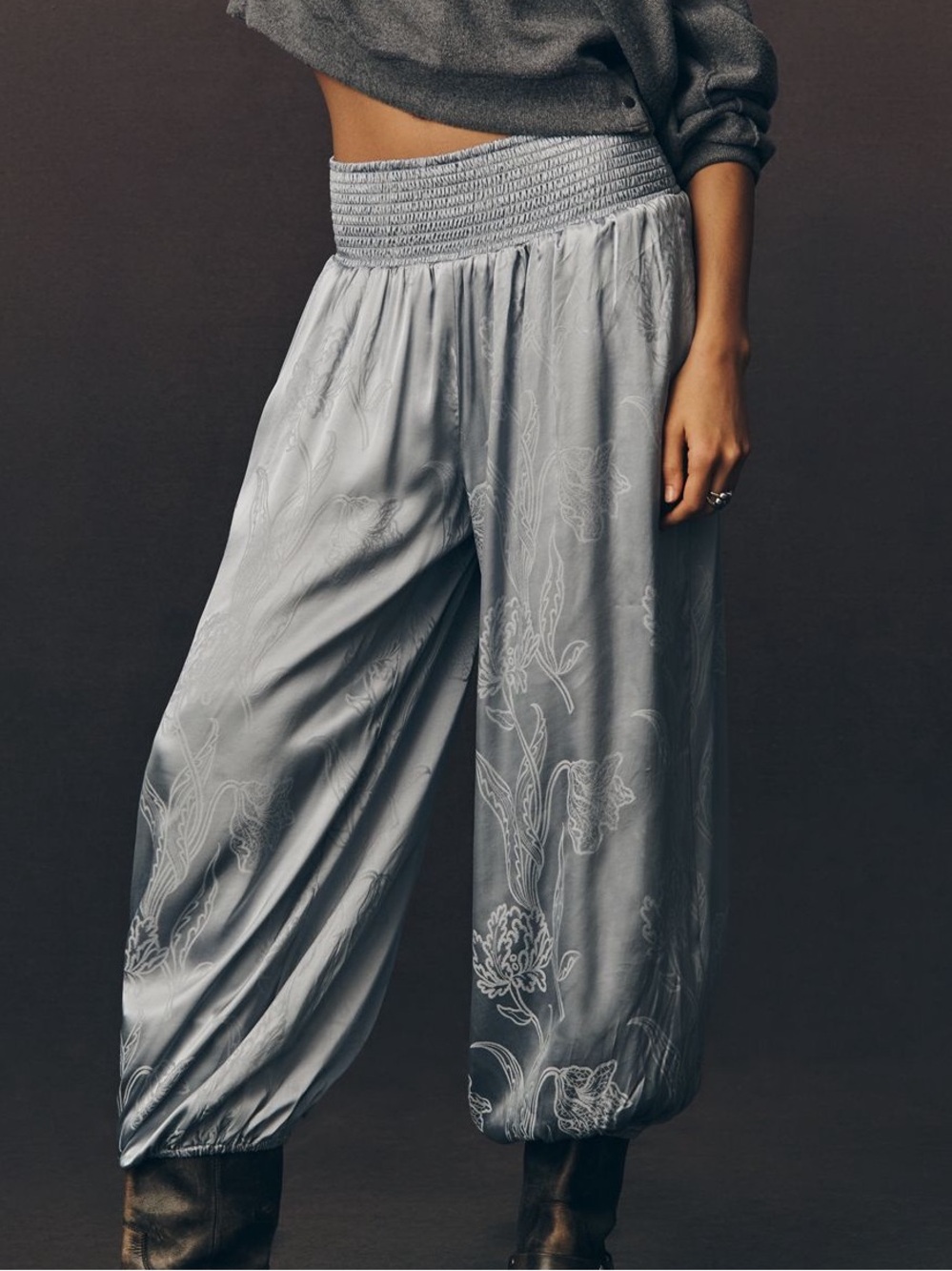 Anthropologie Satin Jacquard Smocked-Waist Balloon Pants NWT